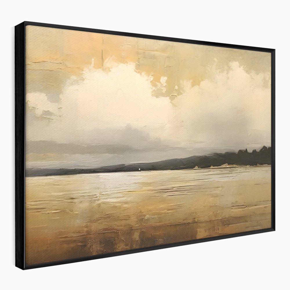 Tablou canvas cu pictura orizontala cu apus pe lac, in rama de aluminiu negru